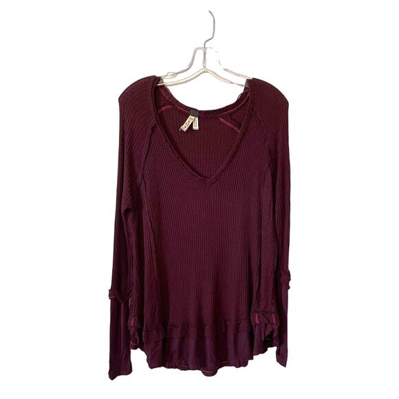 Free People We the Free Oversized V-Neck Thermal Tunic Shirt Purple Wine Size XS - Picture 1 of 7